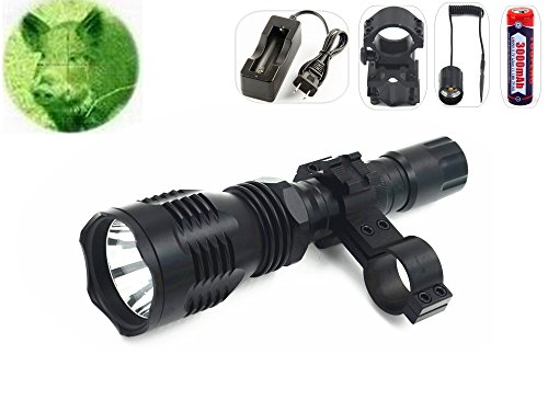 Portable Flashlights Green Light 250 yards Long Distance Lighting Coyote Hog Night Hunting Light Flashlight with Remote Pressure Switch,Barrel Mount,scope mount,18650 Rechargeable battery and Charger