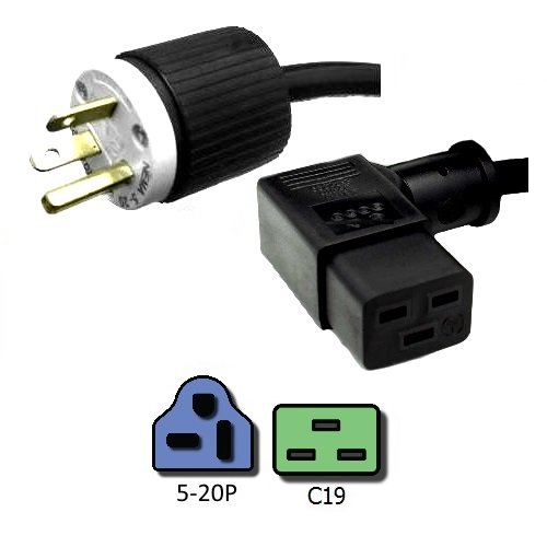 NEMA 5-20P to a Right Angle C19 Power Cord - 8 foot, 20A/125V, 12 AWG- UL Listed - Iron Box # IBX-8887-08
