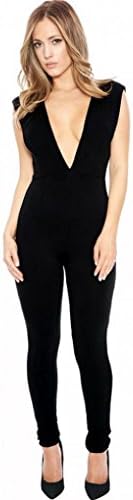 EKIMI Women's Skintight V-Neck Elegant Jumpsuit Romper Bodysuit Pants (XL, Black)