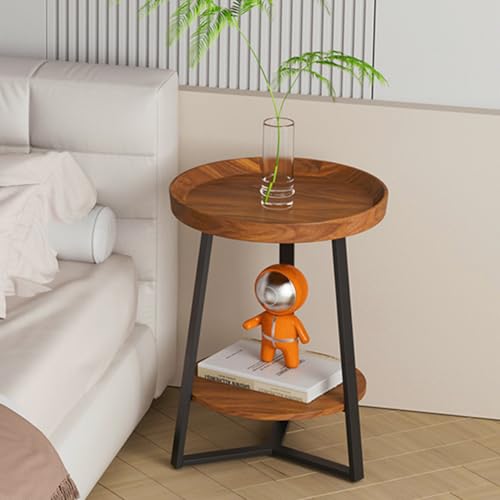 Gadroad Round End Table with Storage Shelf, 2 Tier Farmhouse Circle Side Table Nightstand for Living Room, Bedroom, Wood Tabletop & Black Metal Frame (15.7 * 15.7 * 23 inches, Cherry Wood Grain)