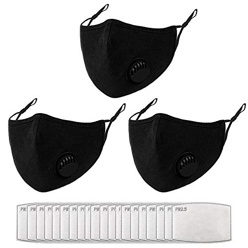 3Pcs Dust ???????????????? Cotton ???????????????? with Va and 20 Replaceable Fs, Washable and Reusable ???????????????? with Adjustable Ear Straps and N Wire for Men Women & Kids (Black)