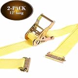 DC Cargo Mall 2Pk E Track Ratcheting Straps Cargo TieDowns, 2 x 12 Heavy Duty Yellow Polyester Tie-Down Straps, Strong Ratchet, ETrack Spring Fittings, Tie Down Motorcycle, Trailer Load (2)