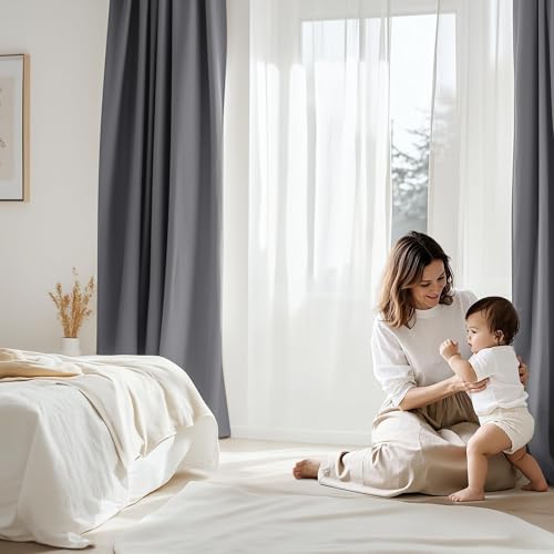 PONY DANCE 90% Blackout Curtains with Ruffle Tape for Rail, Set of 2, H 245 x W 140 cm, Thermal Curtain Against Heat, Bedroom Curtains and Curtains, Grey Opaque Curtains for Living Room