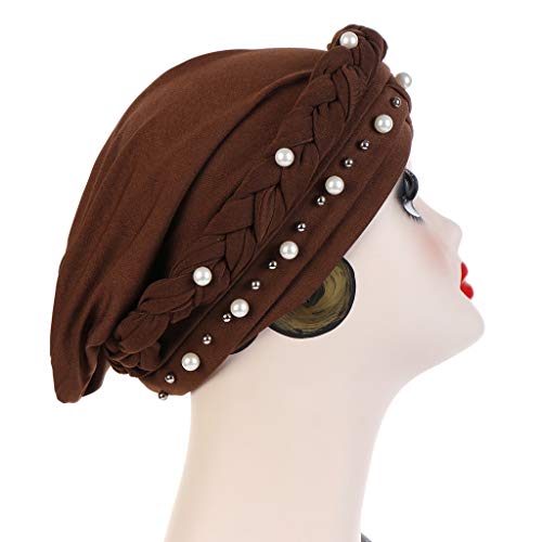 Fxhixiy Women Hijab Beading Pearl Braid Turban Hat Head Scarf Cancer Chemo Beanies Bandana Headwrap Cap (Brown)