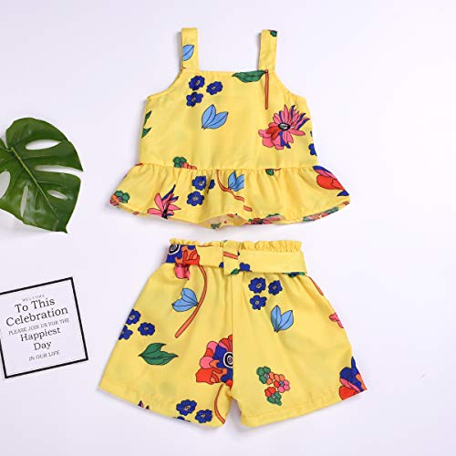 2Pcs/Set Fashion Toddler Kids Baby Girl Sleeveless T-Shirt Top+Floral Denim Shorts Outfits (Floral-Yellow, 5-6 Years)