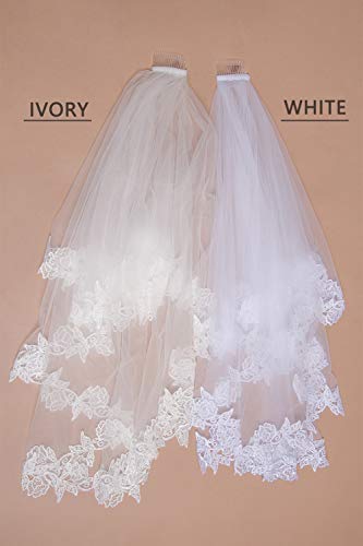 Women's Short 2 Tier Tulle Sheer Lace Wedding Bridal Veil with Comb(Ivory)