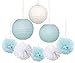 Furuix Baby Shower Decorations for Boy 16 pcs White Baby Blue Tissue Pom Pom Flower and Paper Lanterns First Birthday Party Decorations Frozen Baby Shower Party Decoration Set for Boy