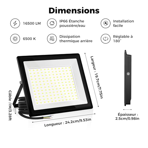 VistaNovaX 150W Industrial 16500LM 6500K Daylight White IP66 Waterproof, Efficient Heat Dissipation, Saving 85% Outdoor LED Spot Light for Courtyards/Gardens/Warehouses/Garages (2 pcs)
