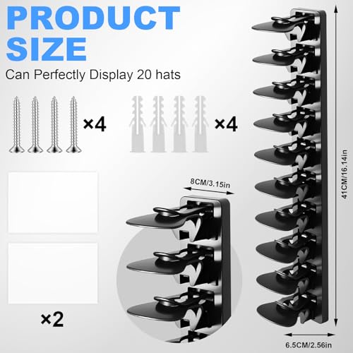 2 Pieces Hat Rack Wall Mounted Hat Rack for Up to 40 Hats, Hat Holder with Visor, Self Adhesive Holders, Hat and Cap Organizer, Hat Box for Rooms, Doors