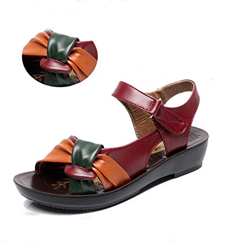 Dressin Women Leather Sandals Womens Fashion Bow Summer Shoes Low Wedges Heel Shoes Ultra Comfy Flats Sandal
