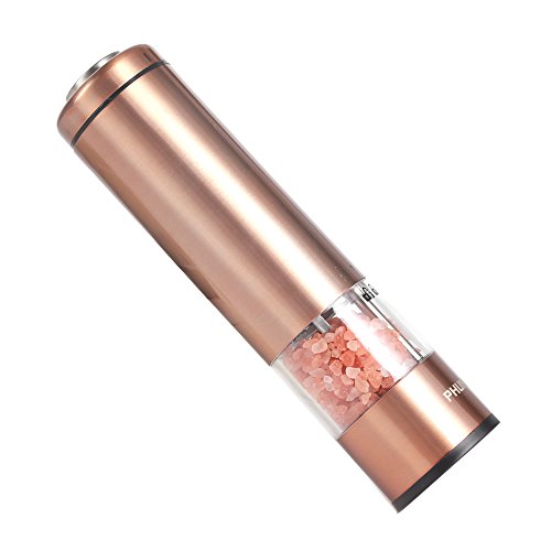 Phunaya Electric Salt and Pepper Grinder Set With Upgraded Motor | Complimentary 304 Stainless Steel Mill Stand | LED Light |Battery Operated | Adjustable Ceramic Coarseness |set of 2