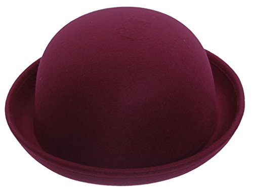 EOZY Girls Wool Felt Roll Brim Bowler Derby Hats Billycock Cloche 21" Wine - Thumbnail 4
