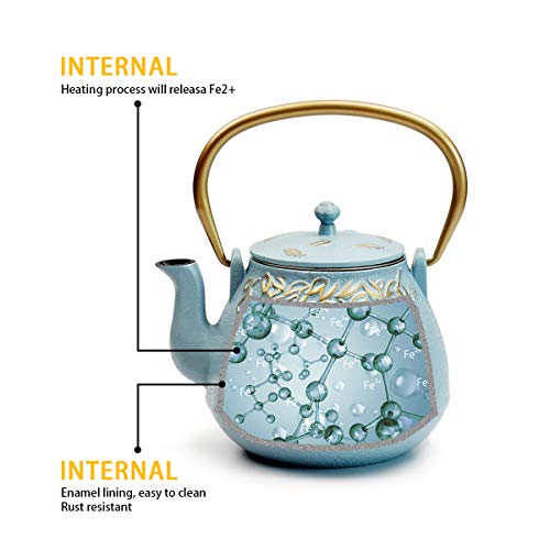 Tea Kettle, TOPTIER Japanese Cast Iron Tea Kettle with Infuser, Stovetop Safe Cast Iron Tea Kettle, Leaf Design Cast Iron Tea Pot Coated with Enameled Interior for 22 oz (650 ml), Turquoise Blue - Thumbnail 4