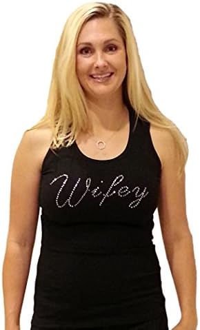 Bridesmaid Rhinestone Tank Top, Longer Length with Back Lace Inset (Wifey LARGE, Black)