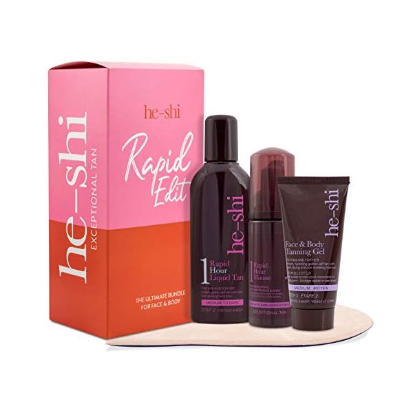 He-Shi Rapid 1 Hour Liquid Tan & Tanning Mitt Bundle Kit - 1 Hour Express Fake Tan Lotion, Medium to Dark (100ml…