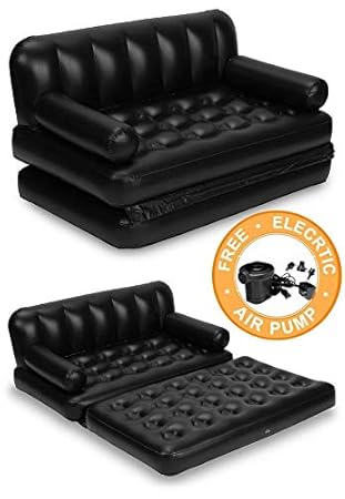 Skyline 5 in 1 Inflatable Three Seater Queen Size Sofa Cum Bed with Pump (Black)