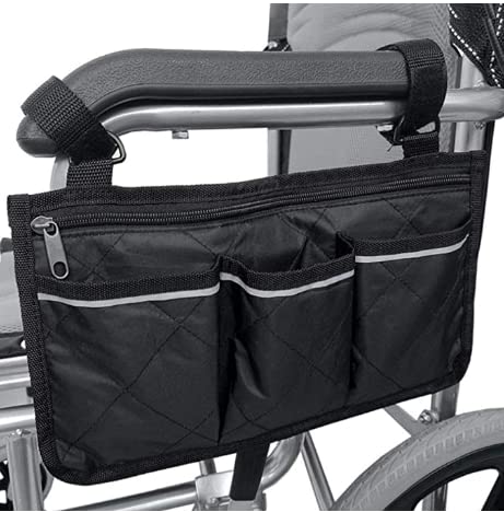 Wheelchair Armrest Bag with 4 Pockets Waterproof Pongee Elderly Secure Mobility Aid Wheelchair Accessories Storage Pouch Zipped Pushing Chair Seat Side Container Fits for Most Wheelchair/Scooter