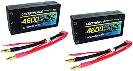 (2 Pack) Lectron Pro 7.4V 4600mAh 100C Shorty Lipo Battery with 4mm Bullet Connectors for 1/10 Scale Cars, Trucks, and Buggies