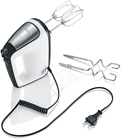 Handmixer, Handrührgerät mit 5 Geschwindigkeitsstufen, praktischer Handrührer mit 2 Edelstahl-Rührbesen und -Knethaken, 400 W, weiß-schwarz / Edelstahl, HM 3830