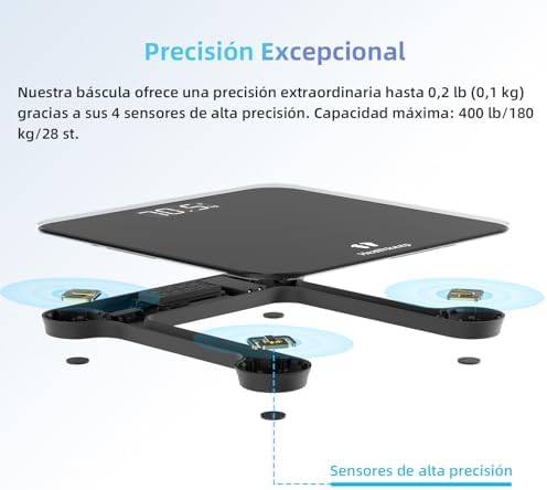 Báscula de baño digital con pantalla LED, Balanza de precisión para peso corporal, Máximo 180kg, Step-on Technology, Diseño fino, Negro