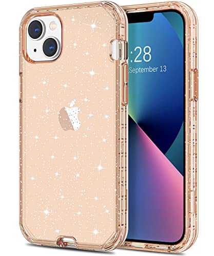 Hython Case for iPhone 13 Case Glitter, Cute Sparkly Shiny Bling Sparkle Cover, Heavy Duty 3 in 1 Hybrid Hard PC Soft TPU Bumper Full Body Shockproof Protective Phone Cases Women Girls, Clear Gold