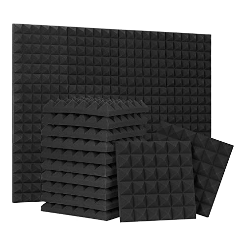 24 Pack Black 12 x 12 x 2 Inches Pyramid Designed Acoustic Foam Panels, Sound Proof Foam Panels for Walls, High Density and Flame-Retardant Acoustic Panels, Sound Panels for Recording and Home Studio
