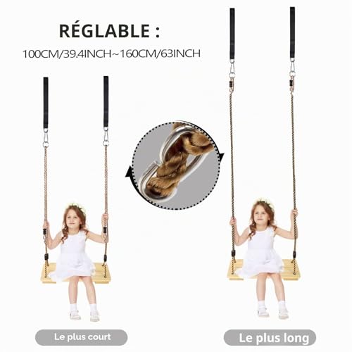 KINSPORY Children's Wooden Swing Outdoor Wooden Swing with Adjustable Hemp Rope - For Indoor and Outdoor Use, Maximum Load 130 kg