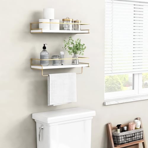 LUMOKU Juego de 2 Repisas Flotantes de Pared,Estantes Flotantes con toallero,Estante de Almacenamiento Repisas para Baño Cocina Cuarto Estar Oficina Dormitorio (Oro Blanco)