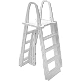Aqua Select Adjustable A-Frame Pool Entry System for Above Ground Swimming Pools | Swing-Up Outer Steps | Fits 48" to 56" inch Pool Walls | 300 lb Capacity | White
