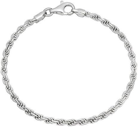3.2mm 925 Sterling Silver Nickel-Free Diamond-Cut Rope Link Italian Bracelet, 7" + Cleaning Cloth