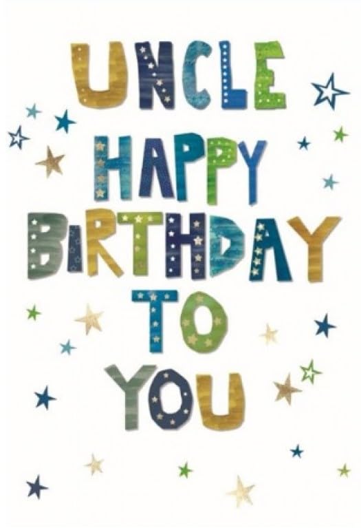 Uncle Birthday Card - Blue Green Brown Writing & Stars with Gold Foil 7.75x5.25"
