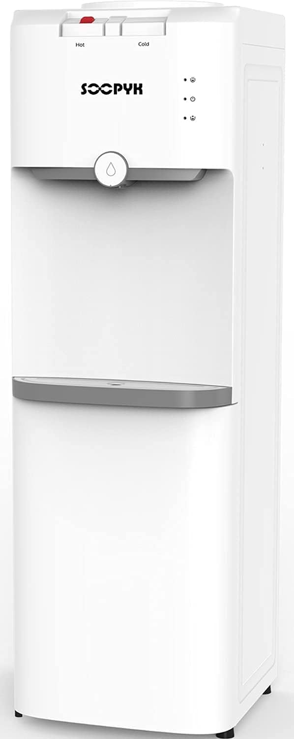 SOOPYK Top Loading Water Dispenser Water Cooler 5 Gallon Hot and Cold Water Dispenser | Child Safety Lock and Storage Cabinet for Home Office Use, White: Kitchen & Dining