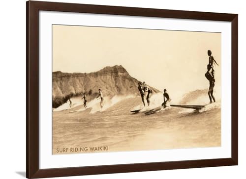 ART.COM Wall Art Print Surf Riding, Hawaii, Photo on Brown Frame, 44" x 32"