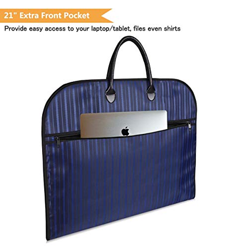 Buruis Travel Garment Bag with Large Laptop Compartment and 2 Pcs Functional Hangers, Protable Waterproof Suit Bag Carrier Cover for Trip, Business and Clothes Storage (Blue Stripe)