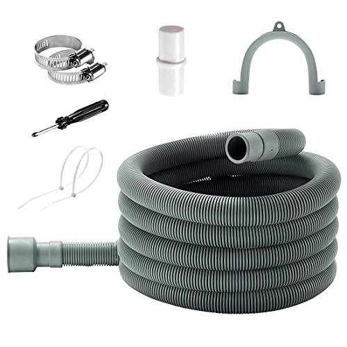 Universal Washing Machine Drain Hose Extension - 10 Ft Washer Discharge Hose - Corrugated and Flexible Washing Machine Drain Hose Replacement with Holder, Extension Adapter and Clamps