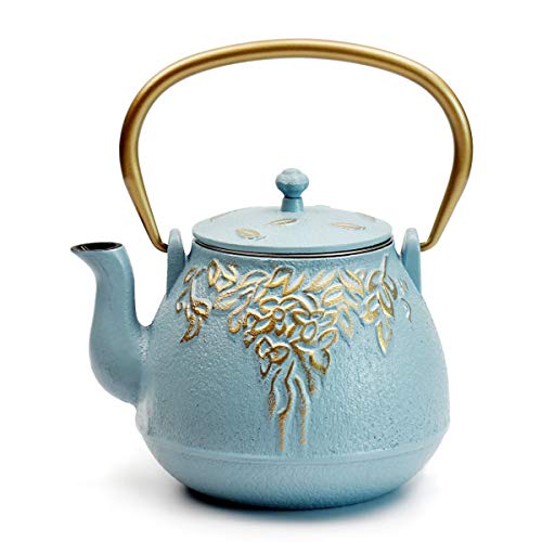 Tea Kettle, TOPTIER Japanese Cast Iron Tea Kettle with Infuser, Stovetop Safe Cast Iron Tea Kettle, Leaf Design Cast Iron Tea Pot Coated with Enameled Interior for 22 oz (650 ml), Turquoise Blue