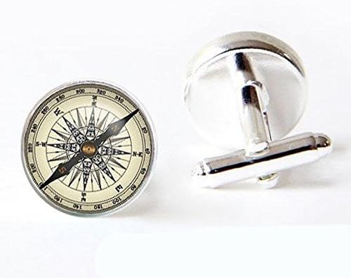 Vintage Nautical Compass Photo Glass Cuff Links-Silver Sailing Cufflinks for Men Women-Handmade Boyfriend Wedding Christmas Gift