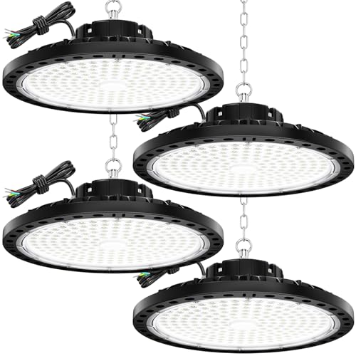 TOPAUBUB 200W UFO LED Interior Ceiling Spotlights, 4 Pieces, LED Ceiling Lamps 20000LM IP65 6500K with Metal Chain 30 cm, Driver, Industrial Spotlight for Garage