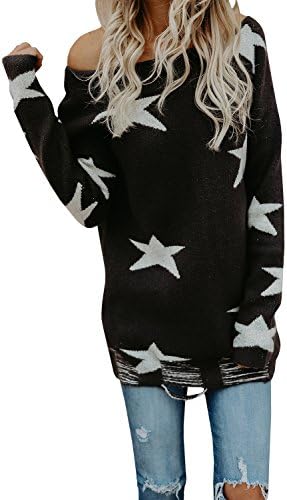 Youbens Womens Off The Shoulder Star Printed Pullover Sweater Ripped Knitted Jumper