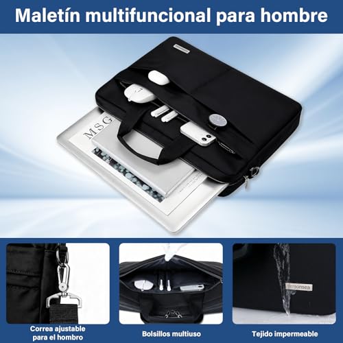 LEMONSEA Portafolios para Hombre, Funda para Laptop Tipo Bandolera, Maletin para Laptop de 15.6 Pulgadas Lmpermeable, Maletin para Hombre para Viajes de Trabajo y Negocios Negro