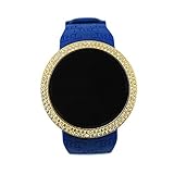 Techno Pave Iced Out Bling Lab Created Gold Blue Digital Touch Screen Sports Smart Watch Silicone Band