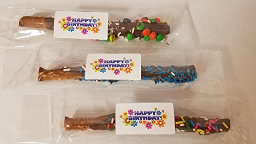 Happy Birthday Chocolate Covered Pretzel Rods Coated In Chocolate WITH TOPPINGS ASSORTED