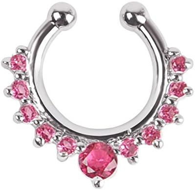 1Pc CZ Zircon Fake Septum Clicker Nose Hanger Ring Non Piercing Clip On Jewelry (Silver + Pink)