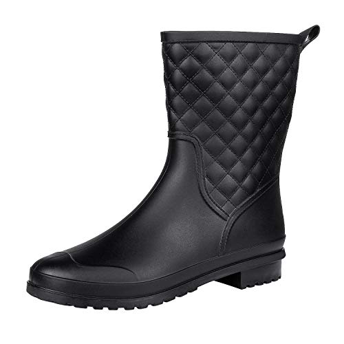 Litfun Womens Black Mid Calf Rain Boots Outdoor Work Waterproof Garden Booties Wide Calf Rain Shoes - Thumbnail 2