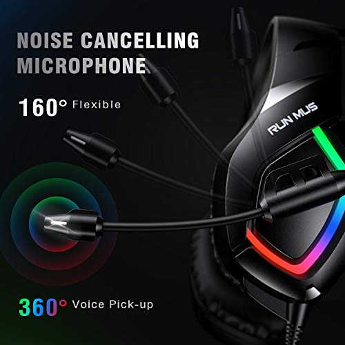 RUNMUS Gaming Headset PS4 Headset with 7.1 Surround Sound, Xbox One Headset with Noise Canceling Mic & RGB Light, Compatible w/ PS4, PS5, Xbox One(Adapter Needed), PC Laptop, Nintendo Switch, PS2, Mac