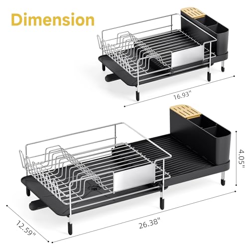 Urackify Large Dish Drying Rack, Expandable Dish Rack with Drain Board, Dish Drainer for Kitchen Couter, Dish Dryer Rack with Cups and Cutlery Holders, Stainless Steel Silver