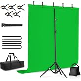 Qoolfoto 8x7.2ft Green Screen Backdrop Kit with Reverse Folding Base | Portable Green Screen T-Shape Stand with 5 Spring Clamps, Sandbag, Carry Bag for Zoom Video Streaming Photography