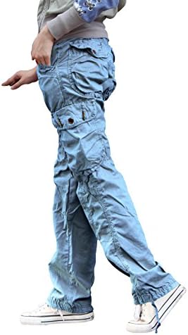 Eskaay Women's Casual Cargo Pants Solid Military Army Styles Cotton Trousers Sky Blue L