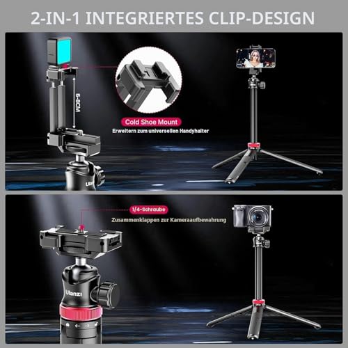 ULANZI MT-44 Mobile Phone Camera Tripod 147 cm 2-in-1 Selfie Stick Remote Control, 360° Ball Head, Cold Shoe Mobile Phone Holder, 1/4 Inch Thread Compact Travel Tripod Tripod for DSLR Cameras Canon Samsung iPhone
