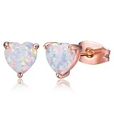 OPALBEST Rose Gold Plated Heart Stud Earrings with White Fire Opal Birthstone Hypoallergenic for Women Girl